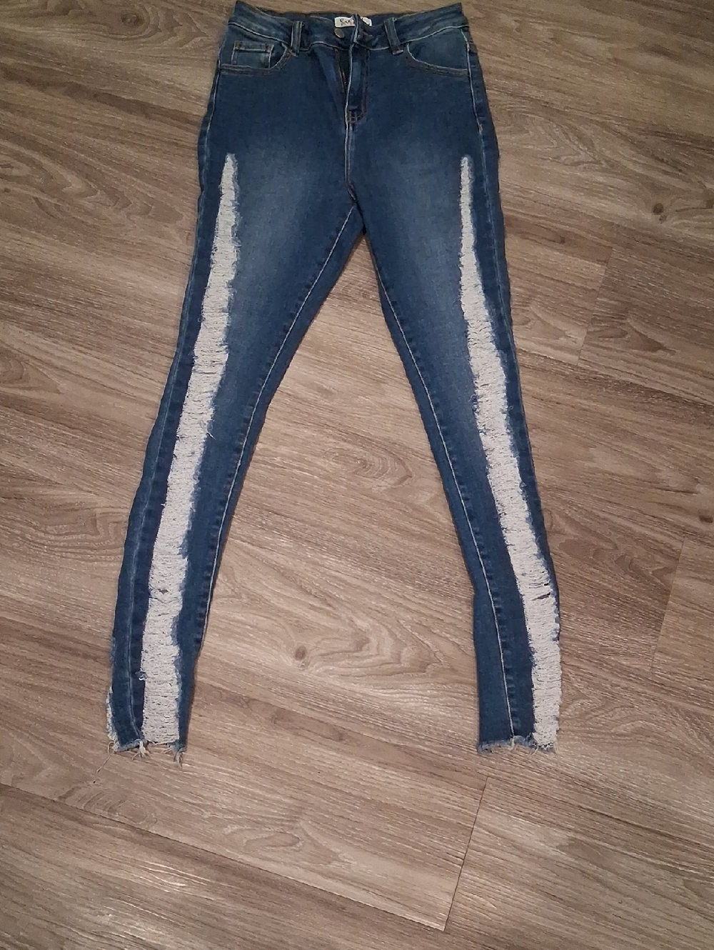 Womens Dark Blue Distressed Side-Trim Skinny Jeans